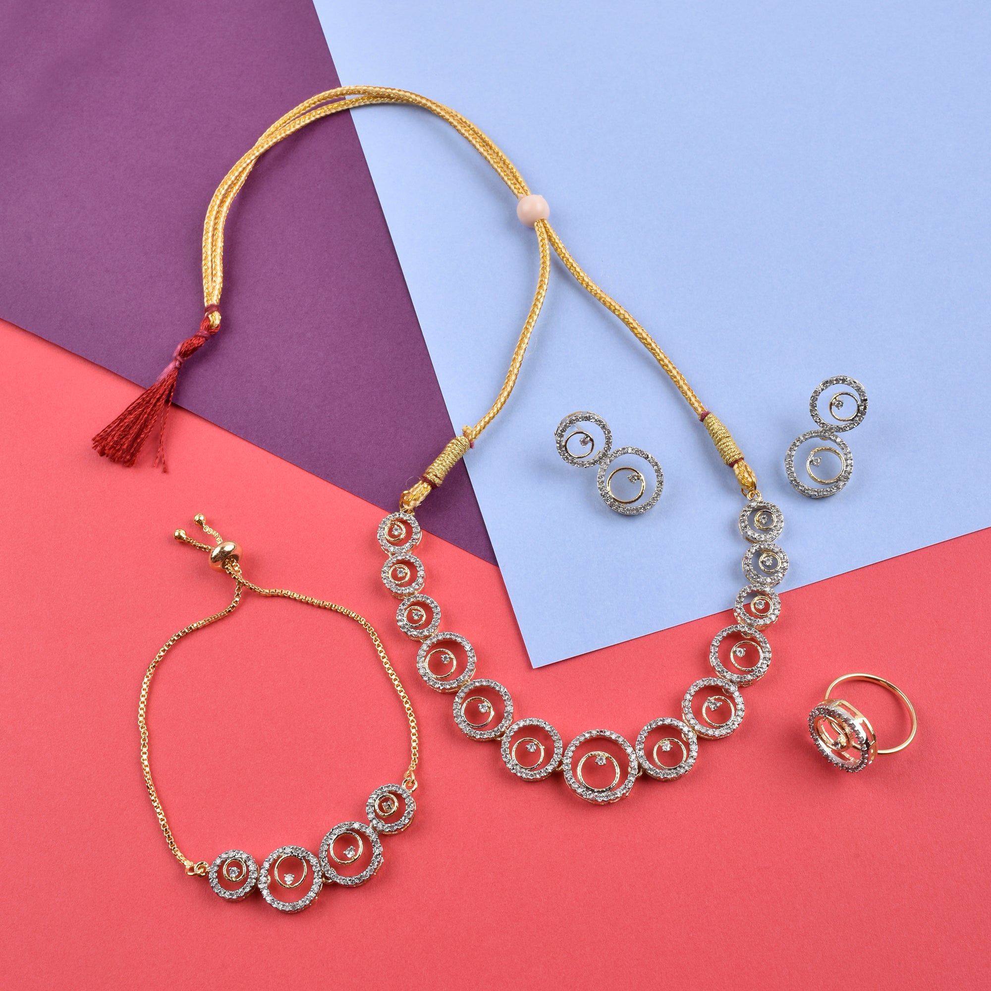 Rhodium-Plated Alloy American Diamond Circle Style Necklace With Earring Ring And Bracelet Set - The Pari - Distacart