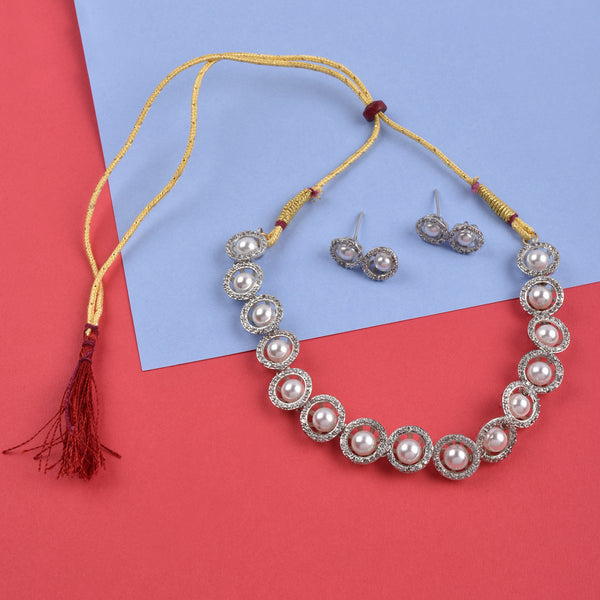 Rhodium-Plated Alloy Silver Ad Necklace With Pearls - The Pari - Distacart