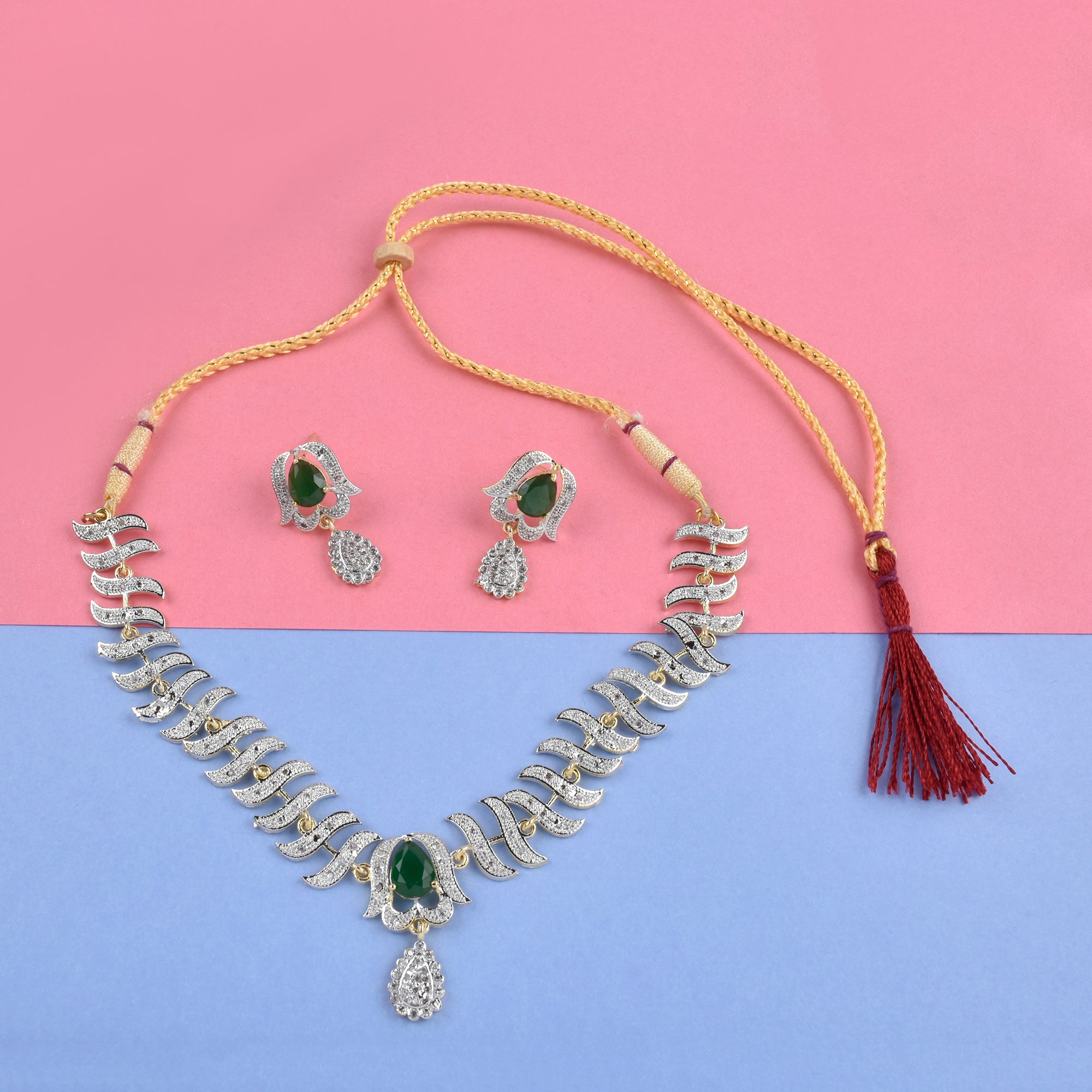 Rhodium-Plated Alloy Nagin Inspired Green Stone Ad Necklace Set - The Pari - Distacart