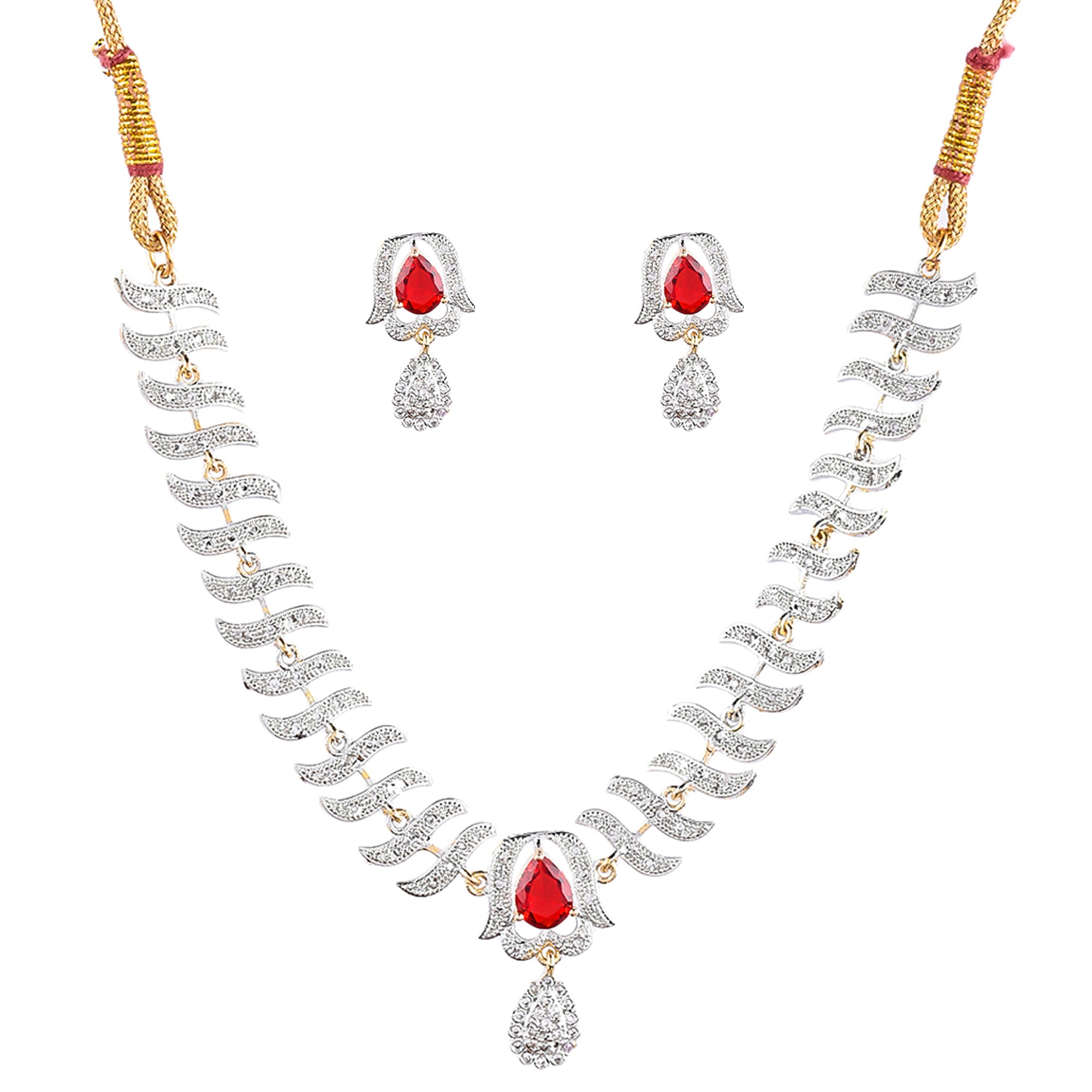 Rhodium-Plated Alloy Nagin Inspired Ruby Stone Ad Necklace Set - The Pari - Distacart