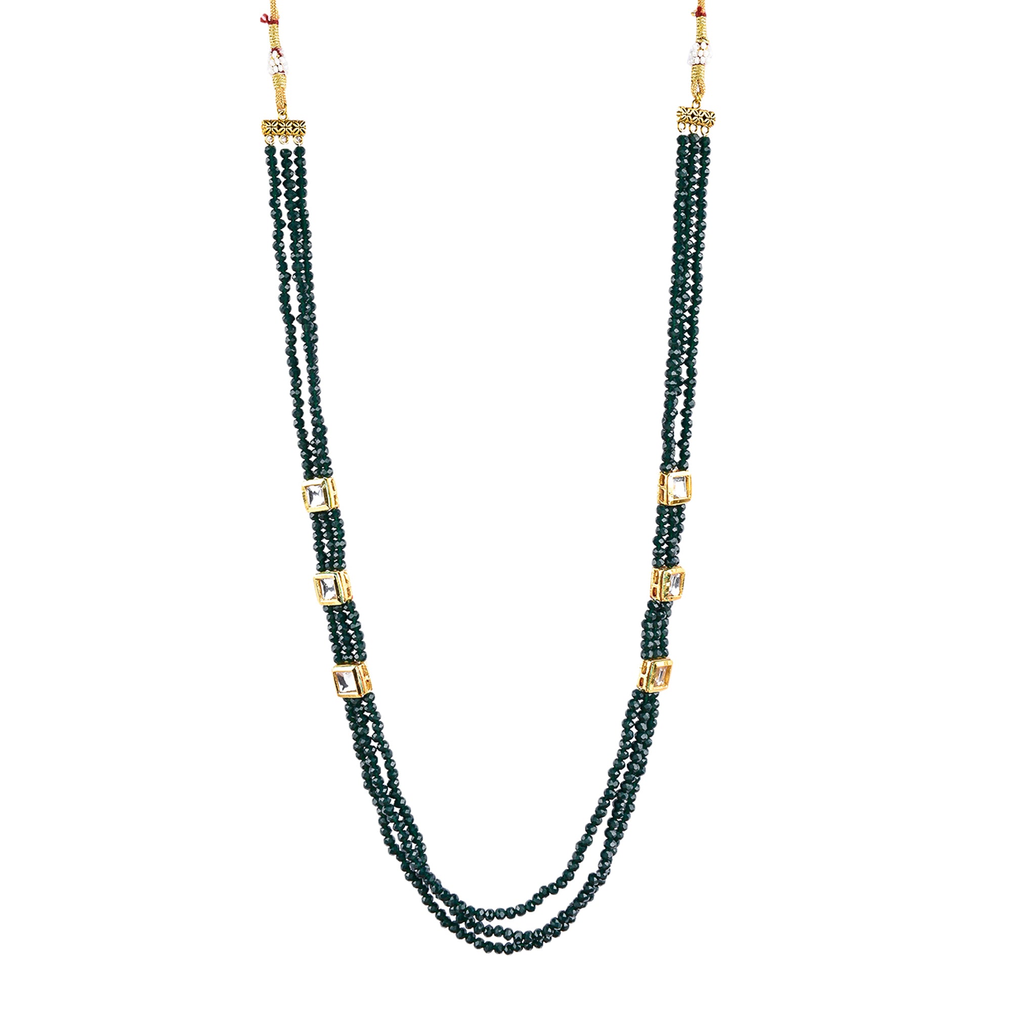 Gold-Plated Alloy Long Green Beaded Kundan Studded Classy Necklace Set - The Pari - Distacart