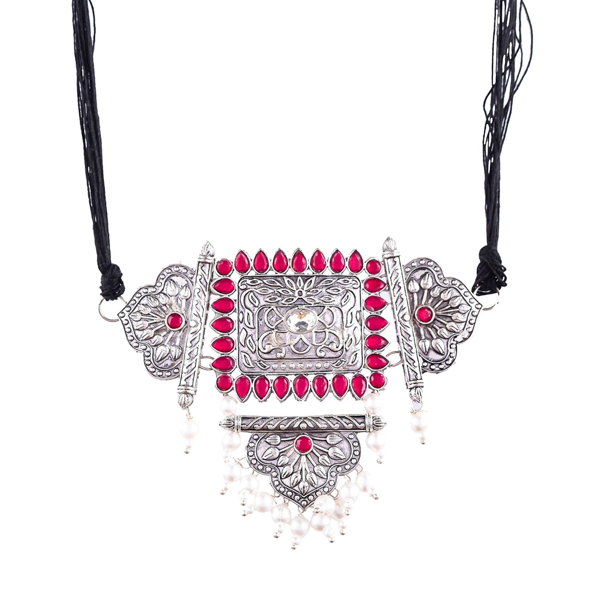 Silver-Plated Alloy Oxidised Tribal Pendant Choker Necklace - The Pari - Distacart