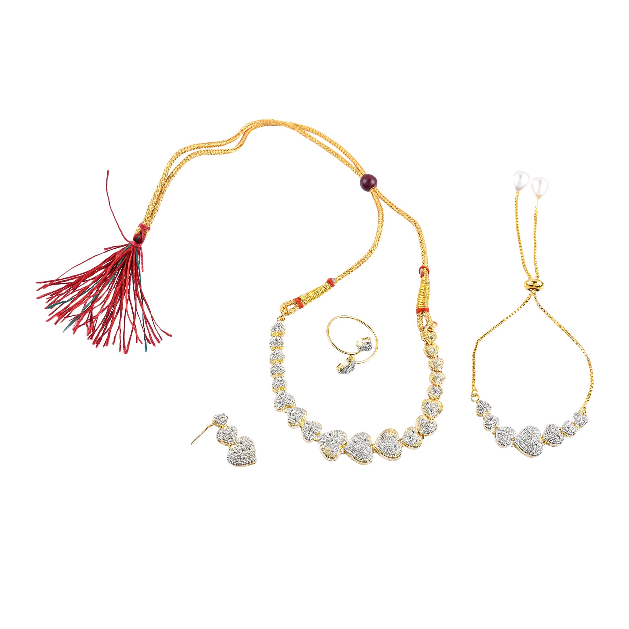 Rhodium-Plated Alloy Heart Shape Ad Necklace With Bracelet - The Pari - Distacart