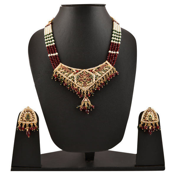 Gold-Plated Alloy Traditional Ethnic Beaded Jadau Necklace Set - The Pari - Distacart