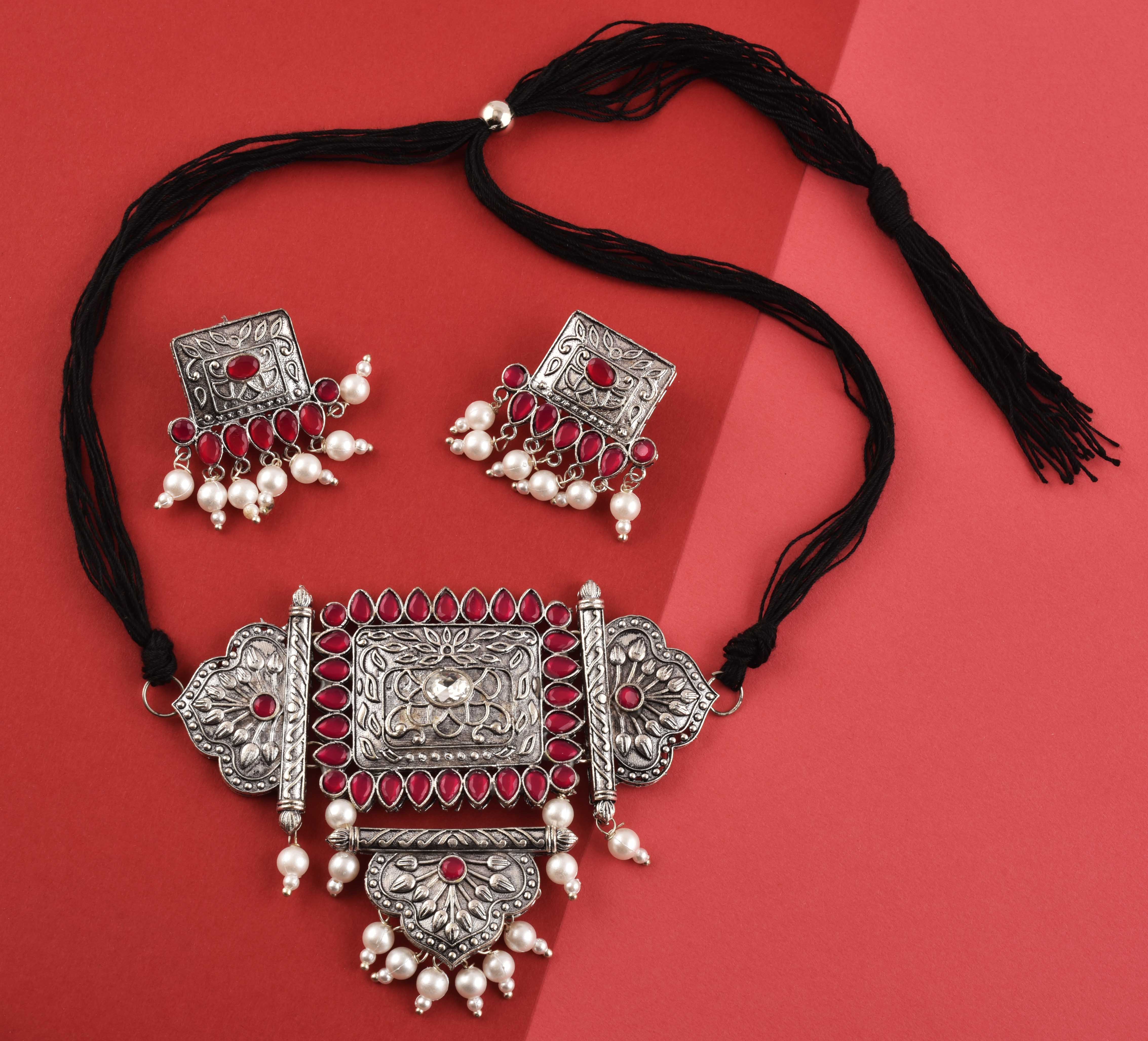 Silver-Plated Alloy Oxidised Tribal Pendant Choker Necklace - The Pari - Distacart