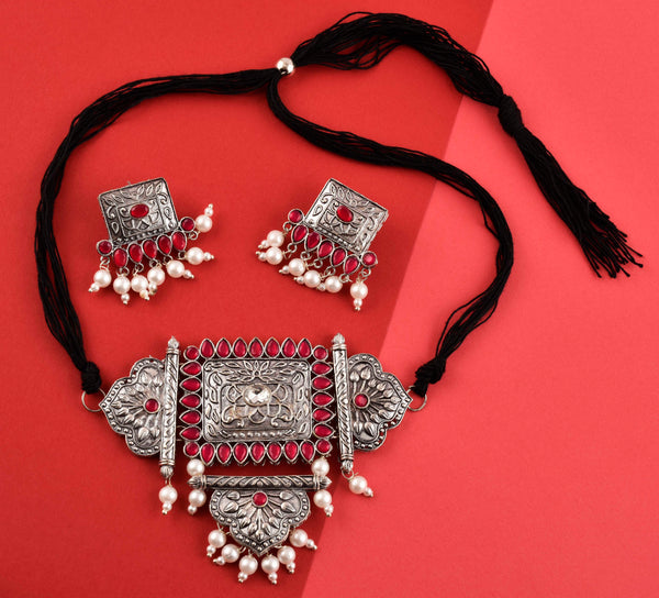 Silver-Plated Alloy Oxidised Tribal Pendant Choker Necklace - The Pari - Distacart