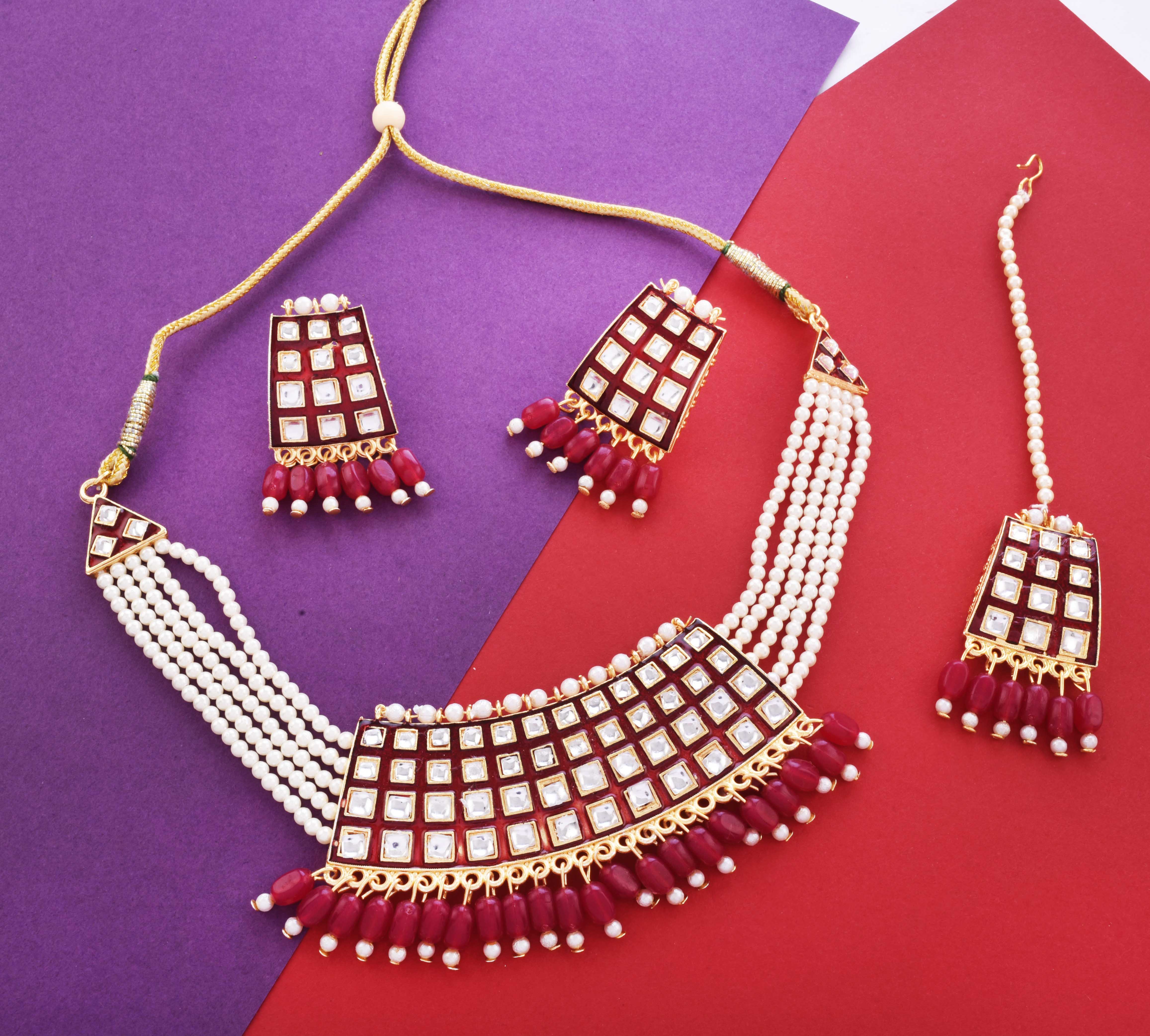 Gold-Plated Alloy Pearl Studded Kundan Choker Necklace Set With Maangtika - The Pari - Distacart