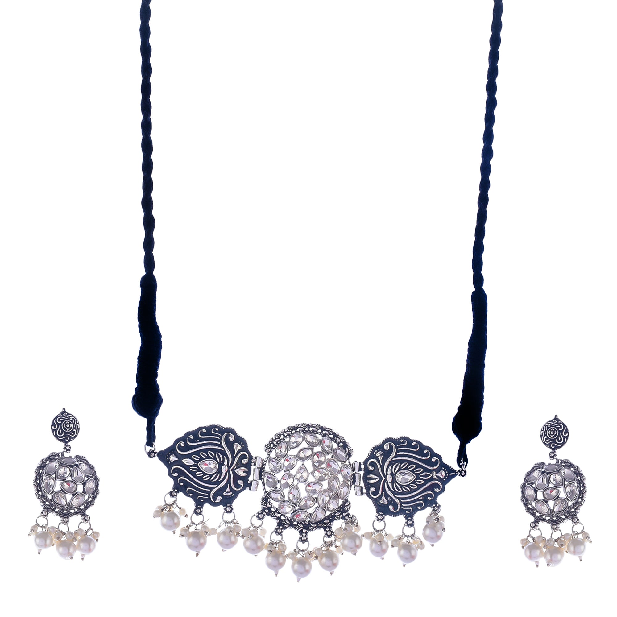 Silver-Plated Alloy Rhinestones Studded Tribal Oxidised Choker Necklace - The Pari - Distacart