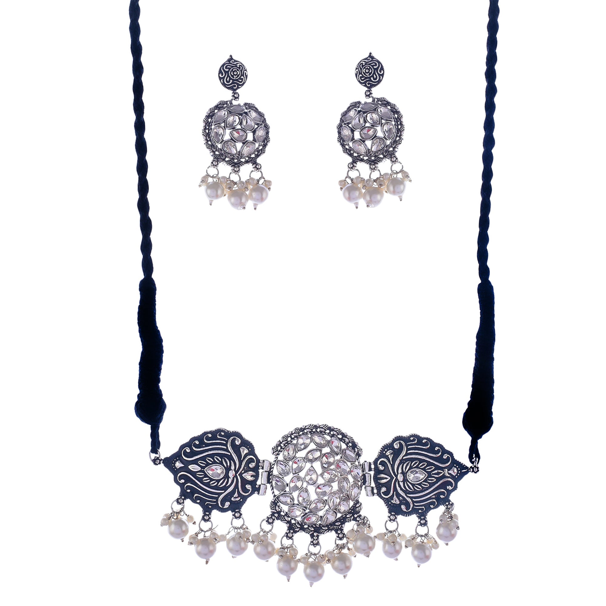 Silver-Plated Alloy Rhinestones Studded Tribal Oxidised Choker Necklace - The Pari - Distacart