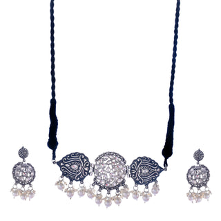 Silver-Plated Alloy Rhinestones Studded Tribal Oxidised Choker Necklace - The Pari - Distacart