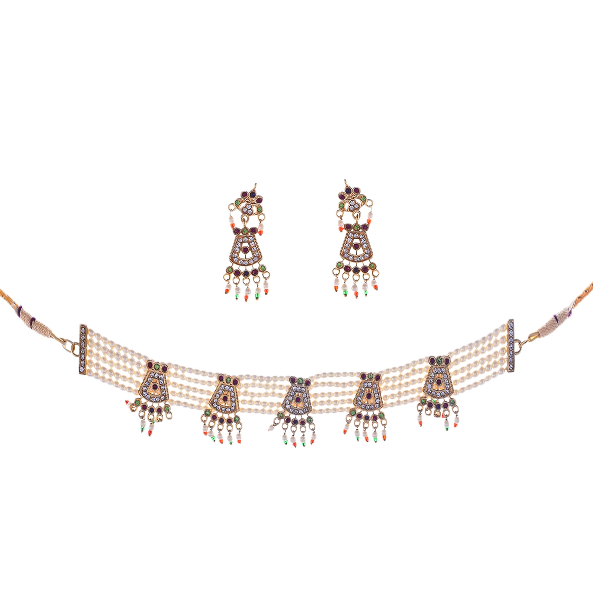 Gold-Plated Alloy Five Motif Pearl Choker Necklace - The Pari - Distacart