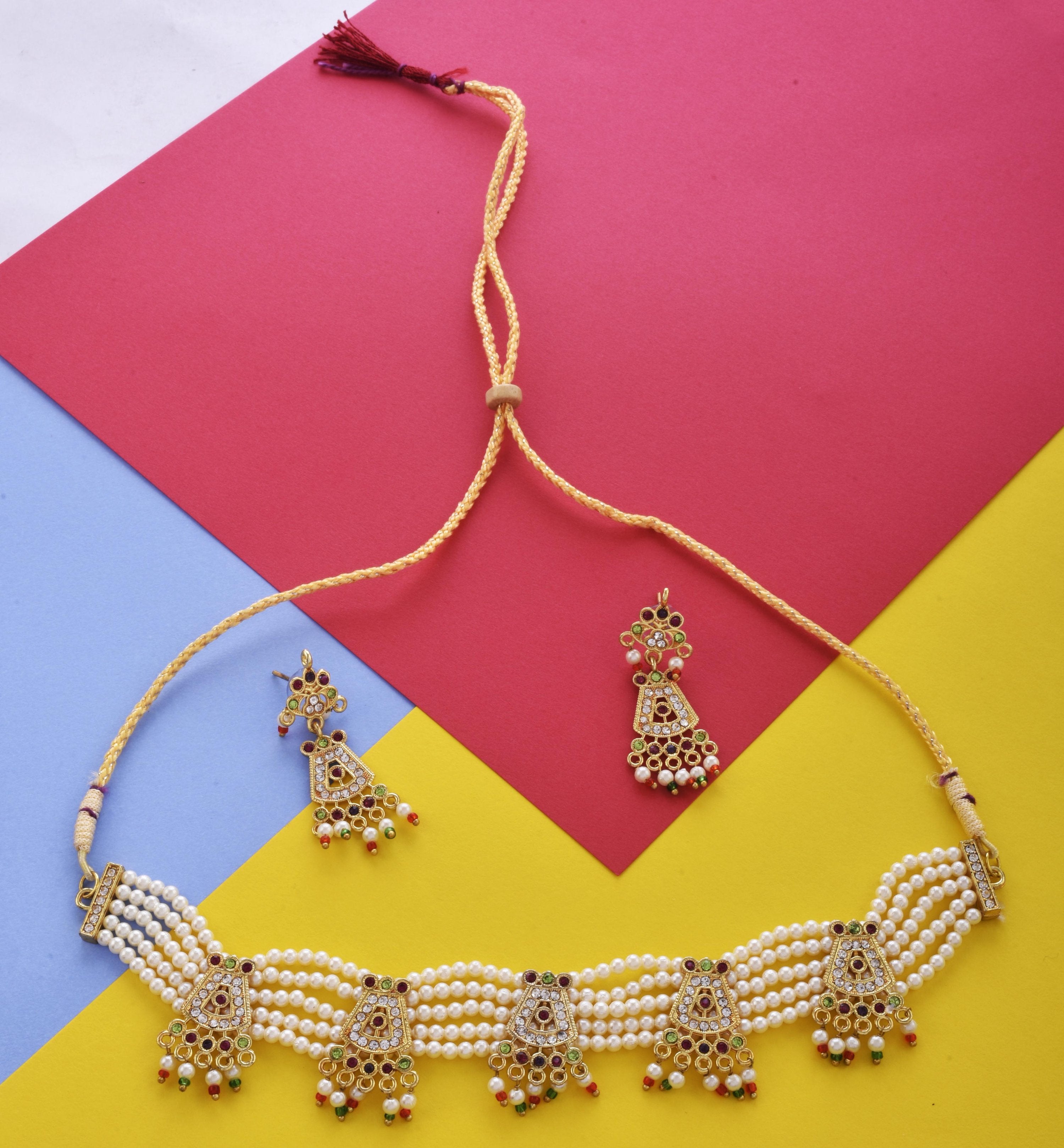 Gold-Plated Alloy Five Motif Pearl Choker Necklace - The Pari - Distacart