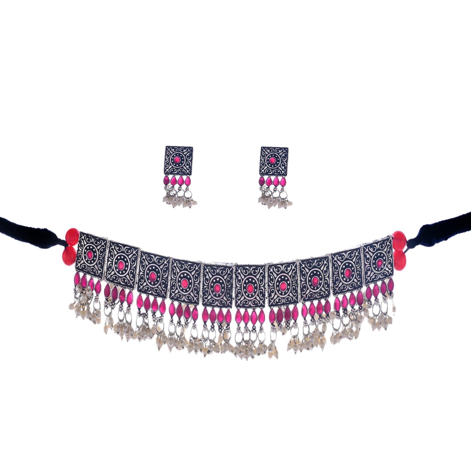 Rhodium-Plated Alloy Classy Ruby Stone Oxidised Choker Necklace - The Pari - Distacart