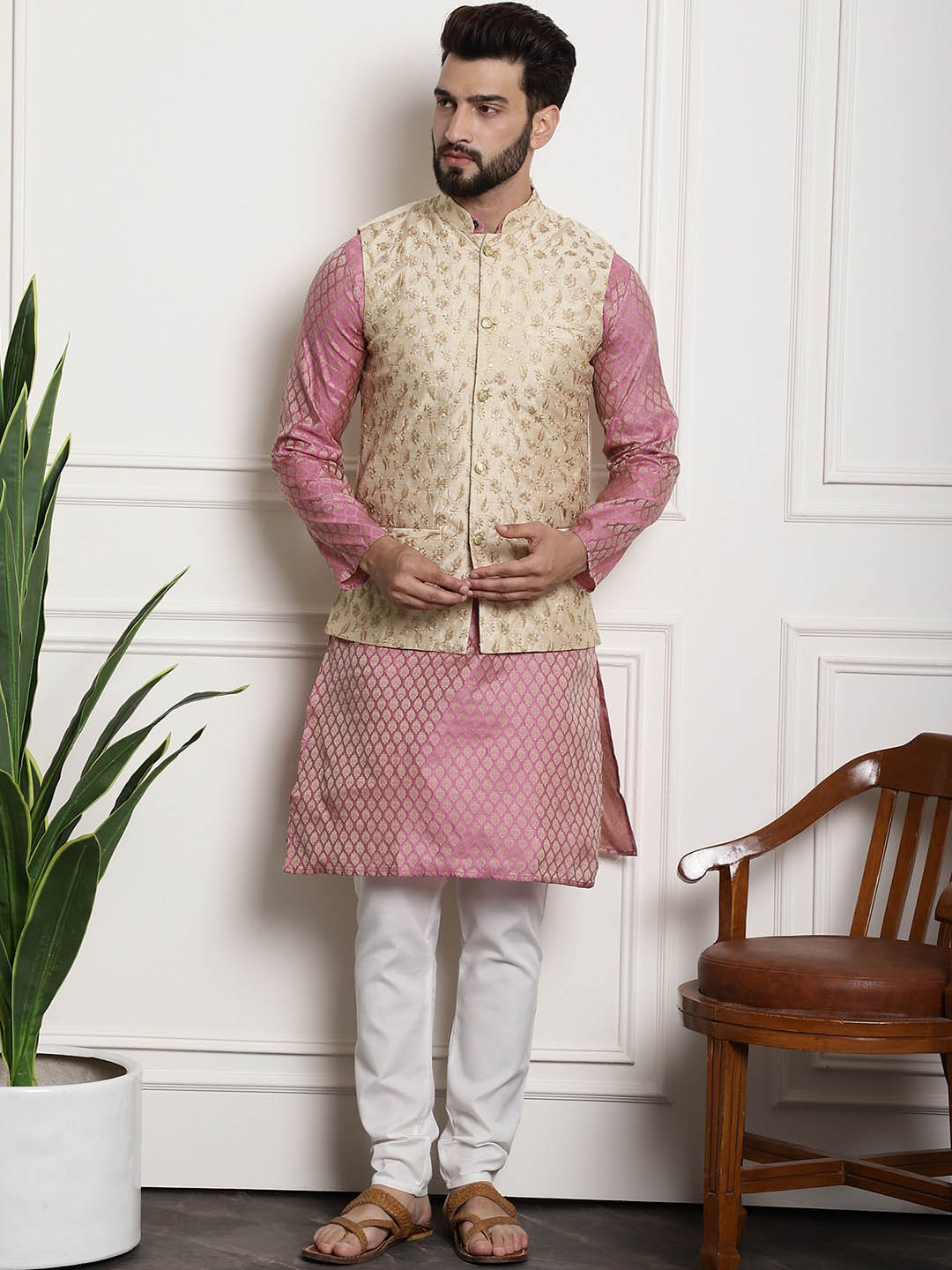 Sojanya Woven Design Mandarin Collar Kurta with Churidar & Nehru Jacket - Distacart