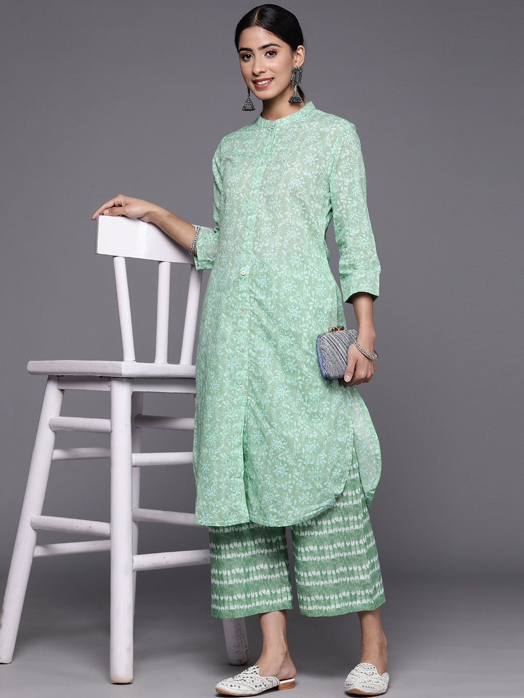 Biba Women Ethnic Motifs Printed Pure Cotton Straight Kurta with Palazzos - Distacart