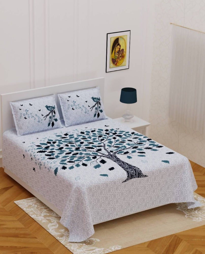 Vamika Printed Cotton White Bedsheet With Pillow Covers