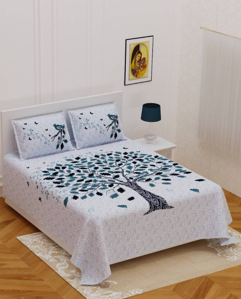 Vamika Printed Cotton White Bedsheet With Pillow Covers