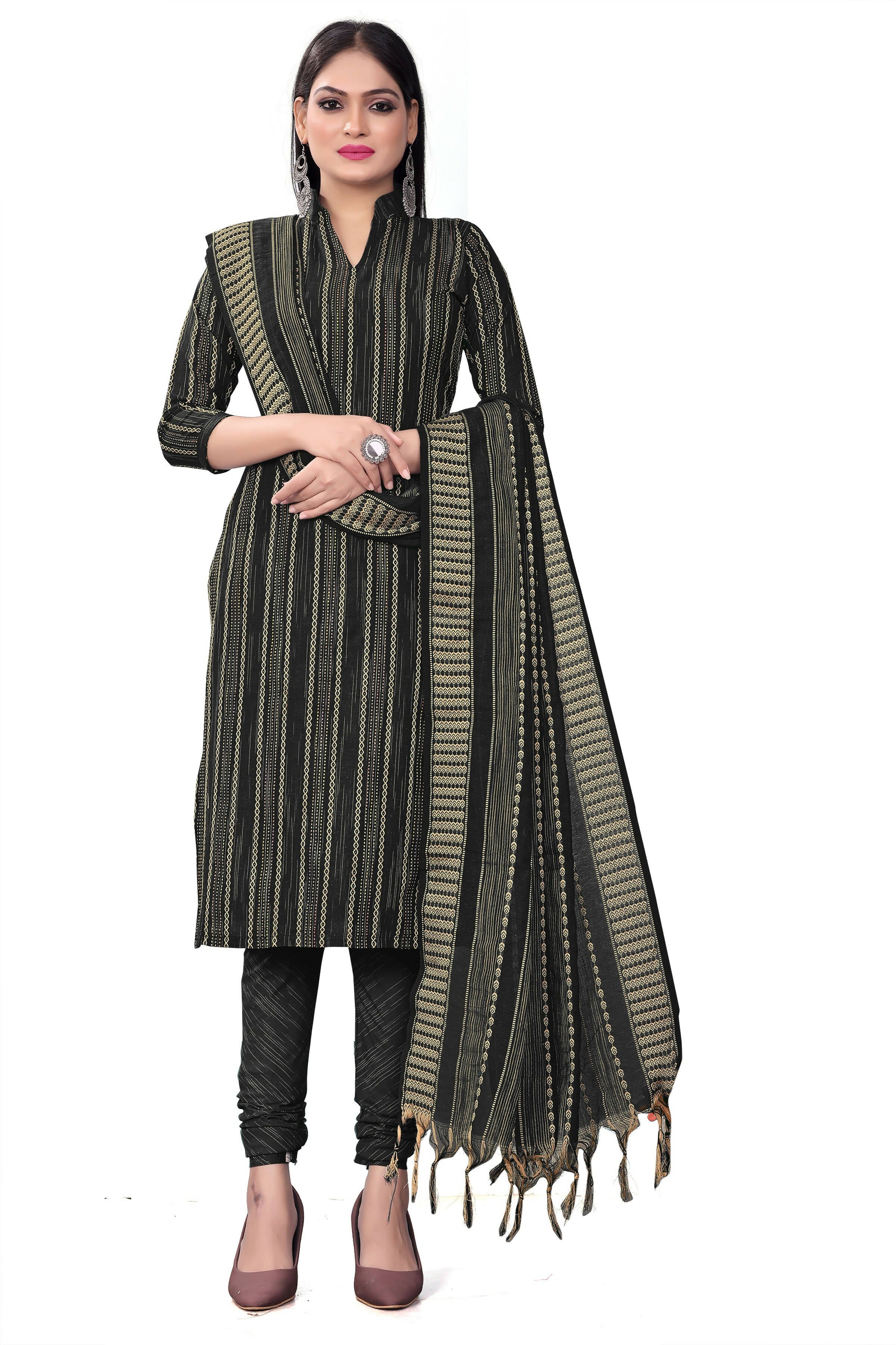 Black Cotton Jacquard Woven Unstitched Dress Material - Tanvi - Distacart