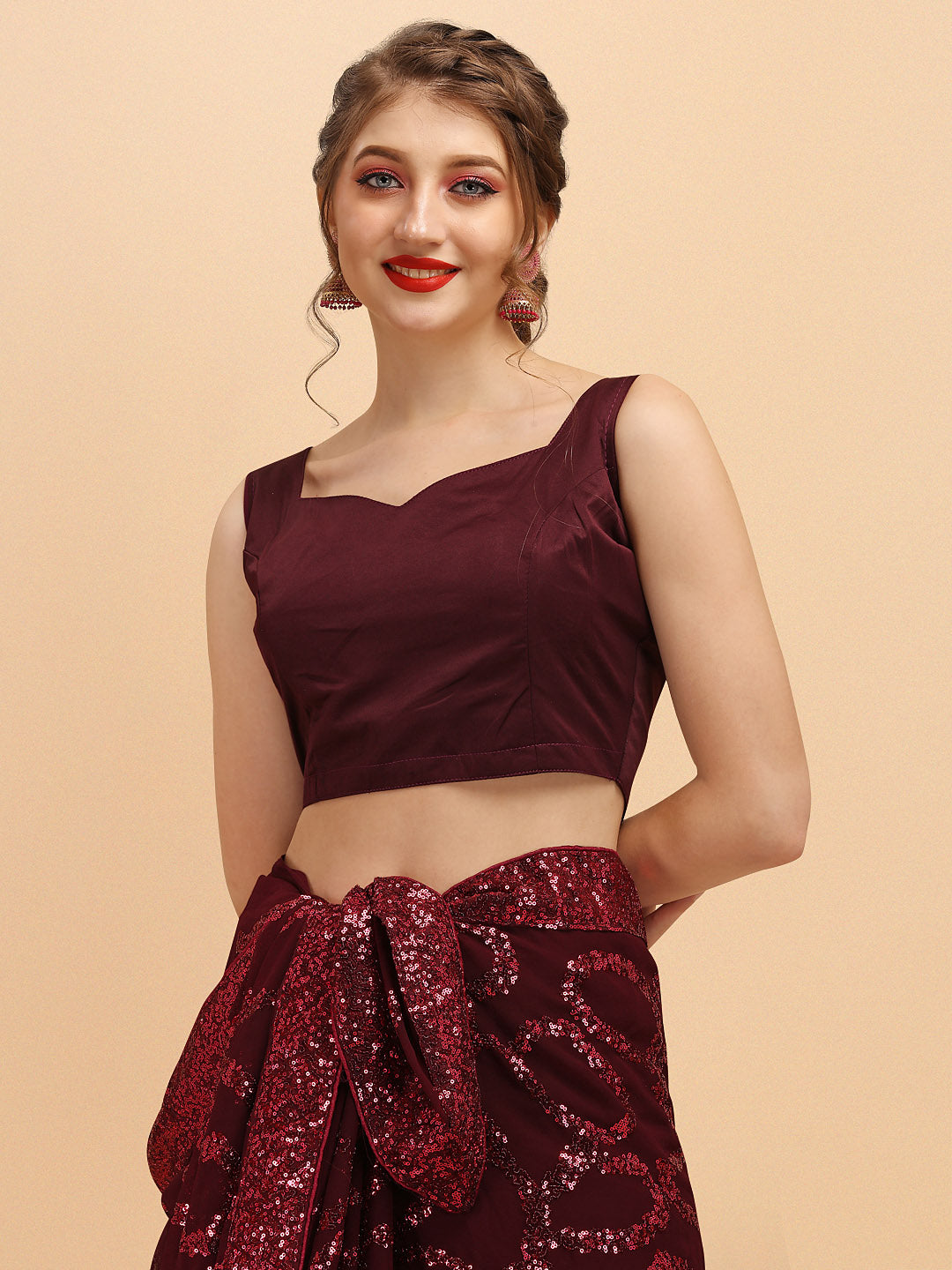 Sangria Burgundy Sequinned Pure Georgette Heavy Work Saree - Distacart