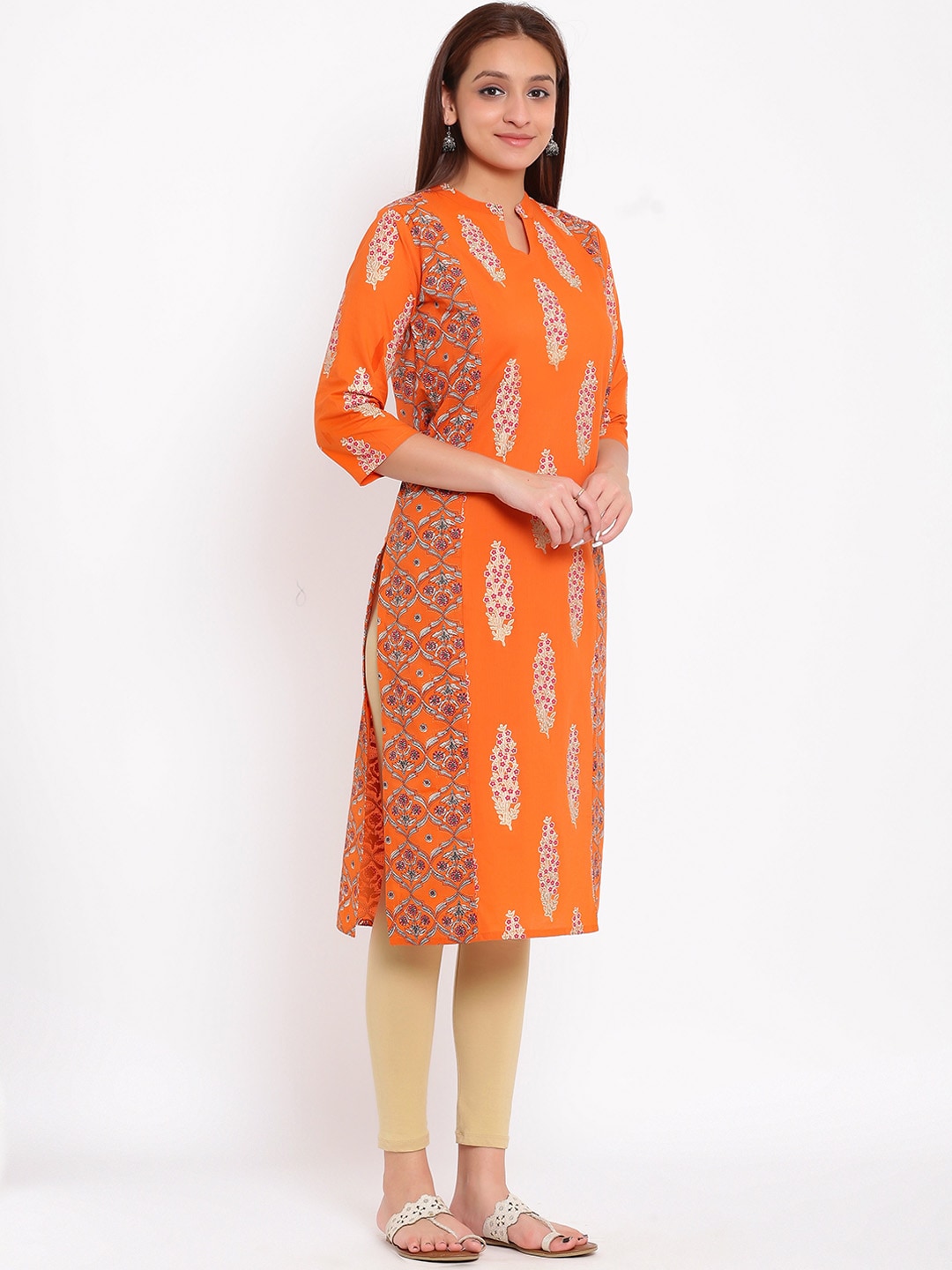 HERE&NOW Orange & White Ethnic Motifs Printed Straight Kurta - Distacart