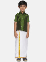 Thumbnail for Sethukrishna Boys Olive Green & White Shirt And Veshti Set - Distacart