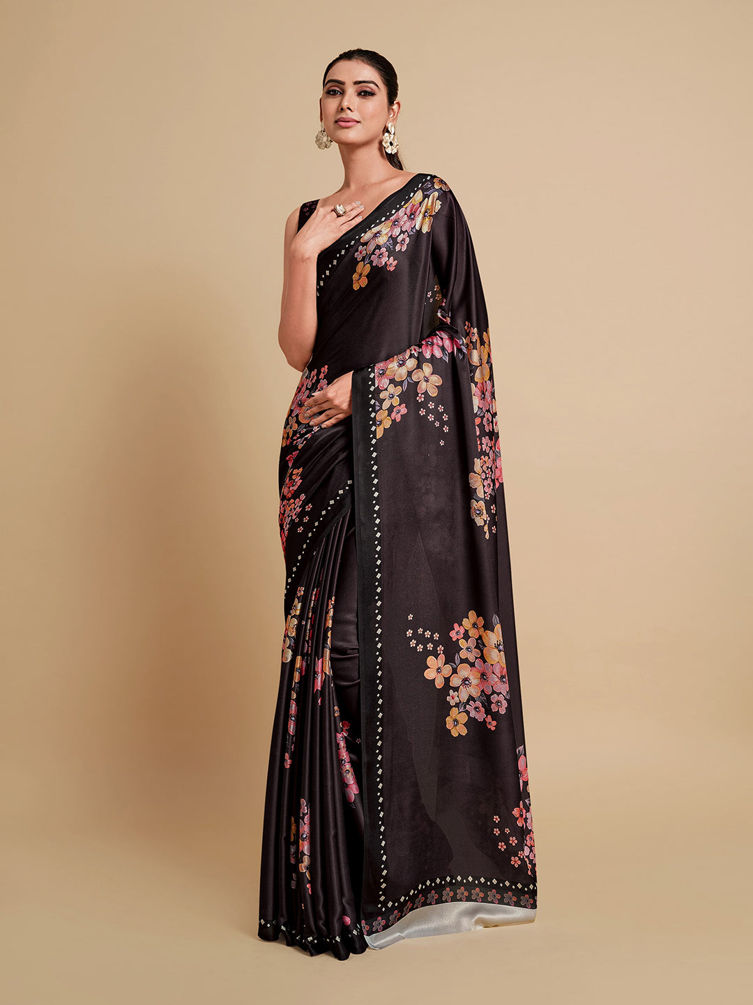 Sangria Black & Burgundy Floral Zari Satin Saree - Distacart