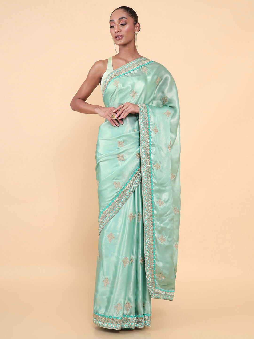 Soch Sea Green & Grey Floral Embroidered Silk Blend Tussar Saree - Distacart