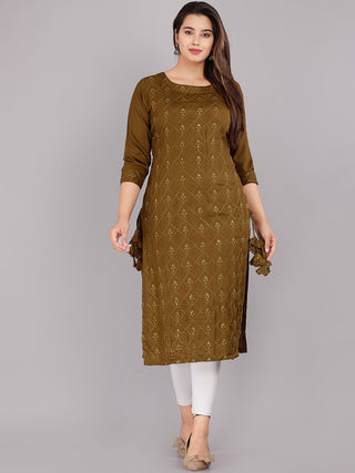 Kalini Women Olive Green Ethnic Motifs Thread Work Kurta - Distacart