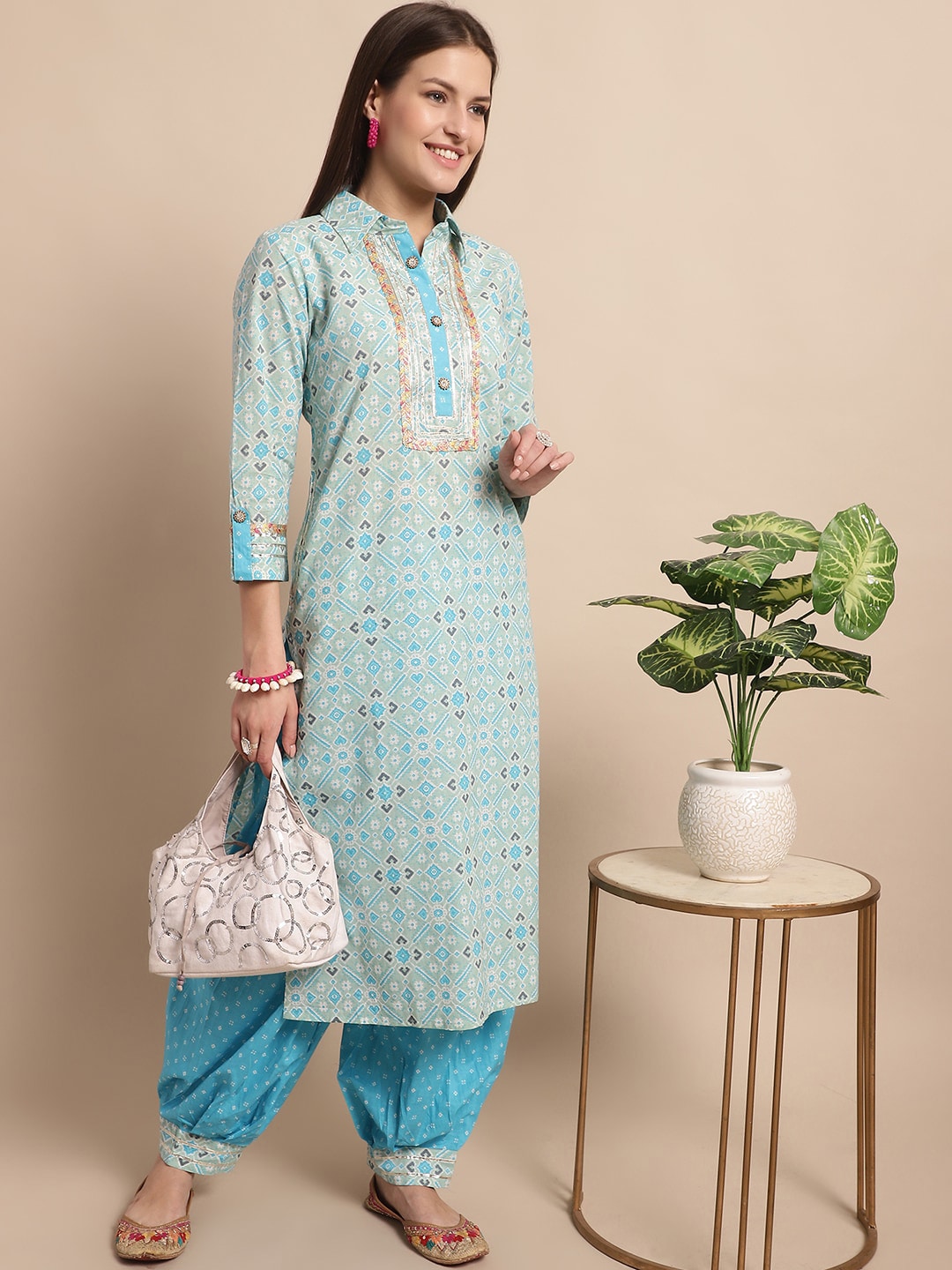 Kalini Ethnic Motifs Printed Shirt Collar Yoke Zari Pure Cotton Pathani Kurta With Salwar - Distacart