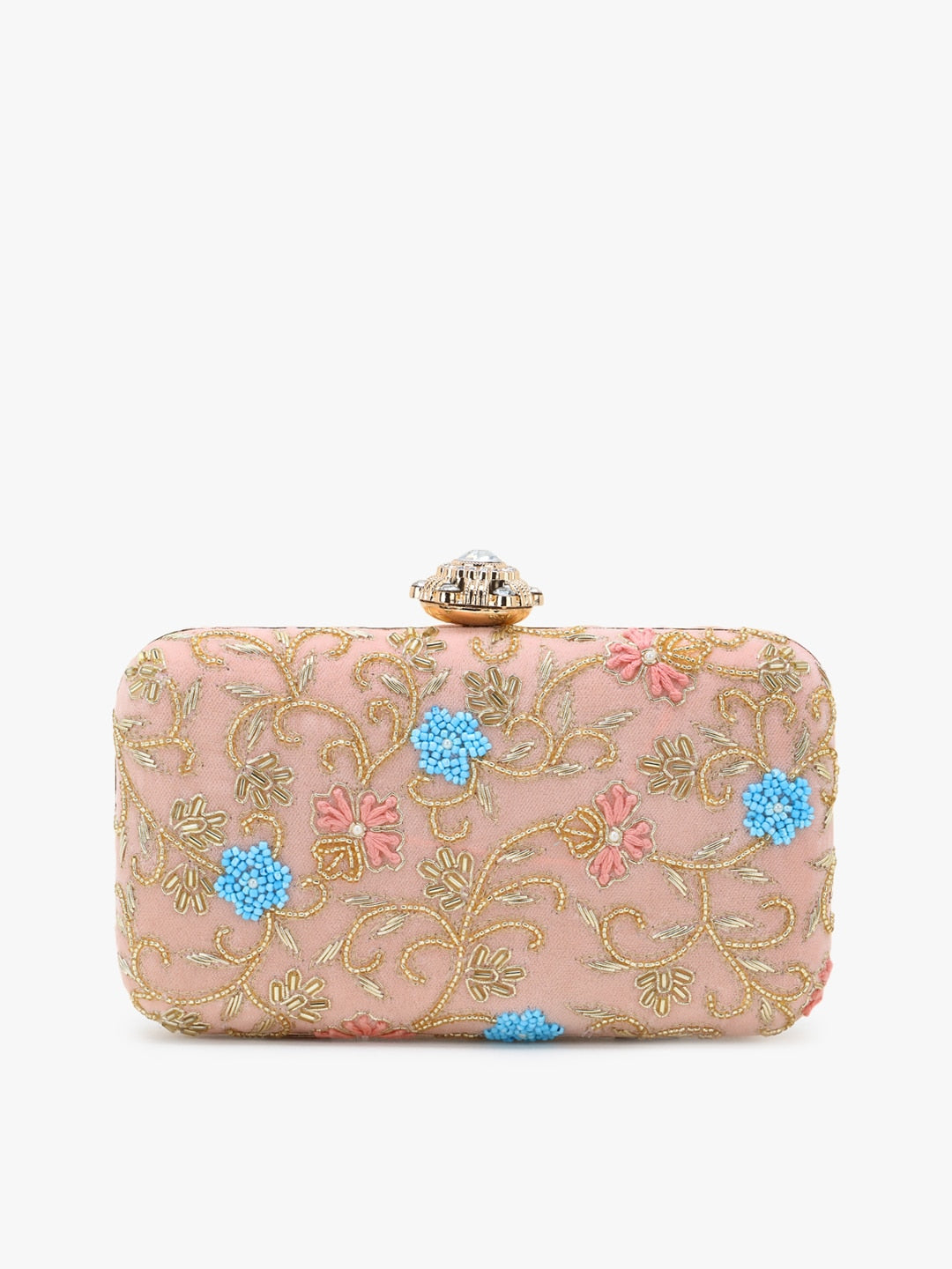 Anekaant Peach-Coloured & Blue Embellished Box Clutch - Distacart