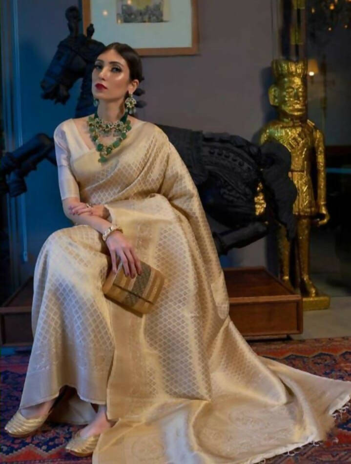 DEIANA'S Beautiful Golden Jari with New Design Soft Lichi Silk Saree - White - Distacart