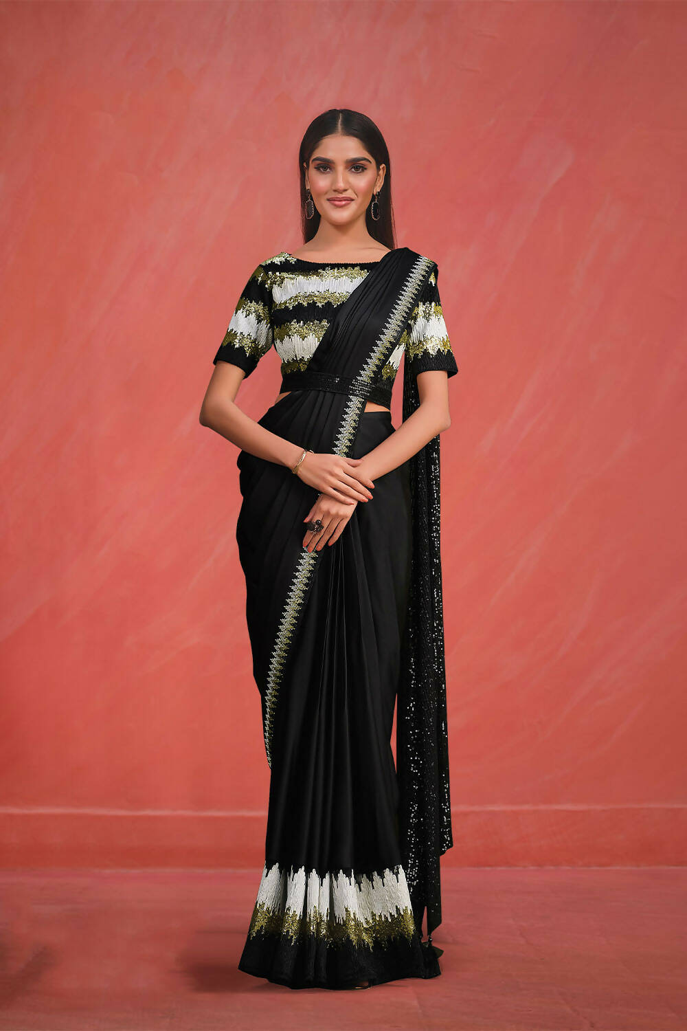 Black Crepe silk Sequence Embroidered Saree With Stitched Blouse - Mohmanthan Elegancia - Distacart