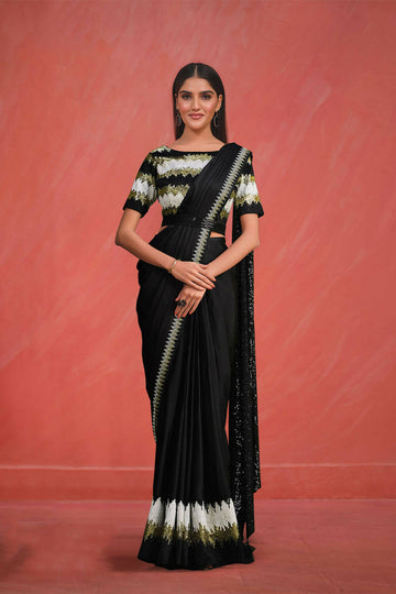 Black Crepe silk Sequence Embroidered Saree With Stitched Blouse - Mohmanthan Elegancia - Distacart
