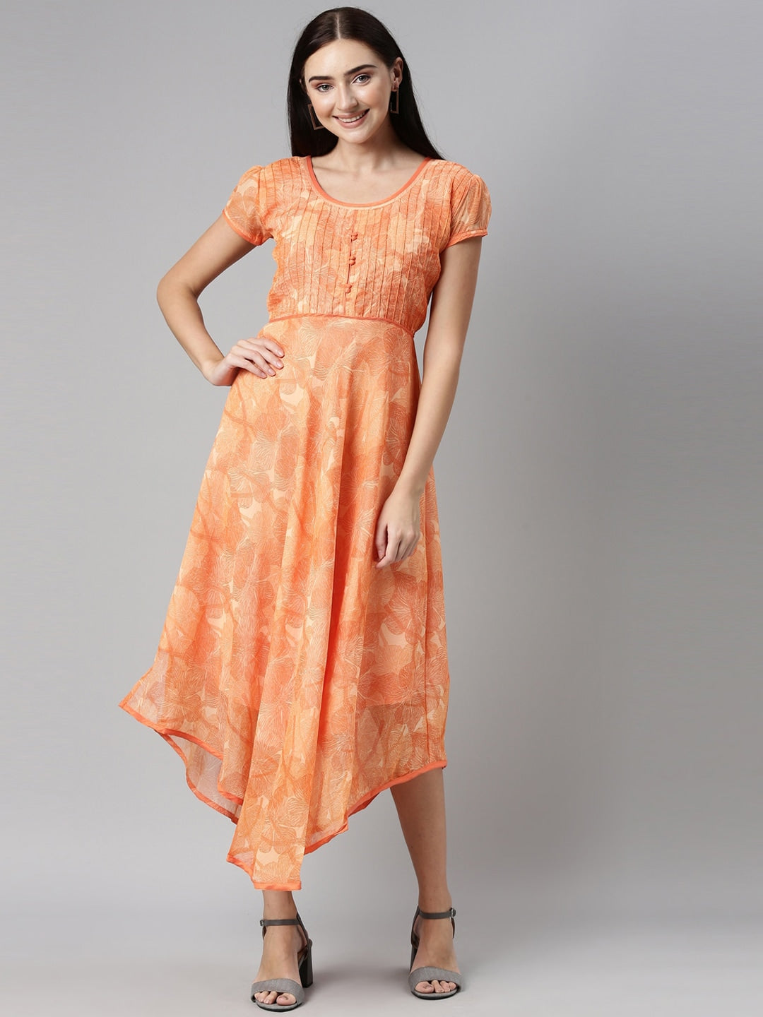 Souchii Orange Floral Chiffon Midi Dress - Distacart