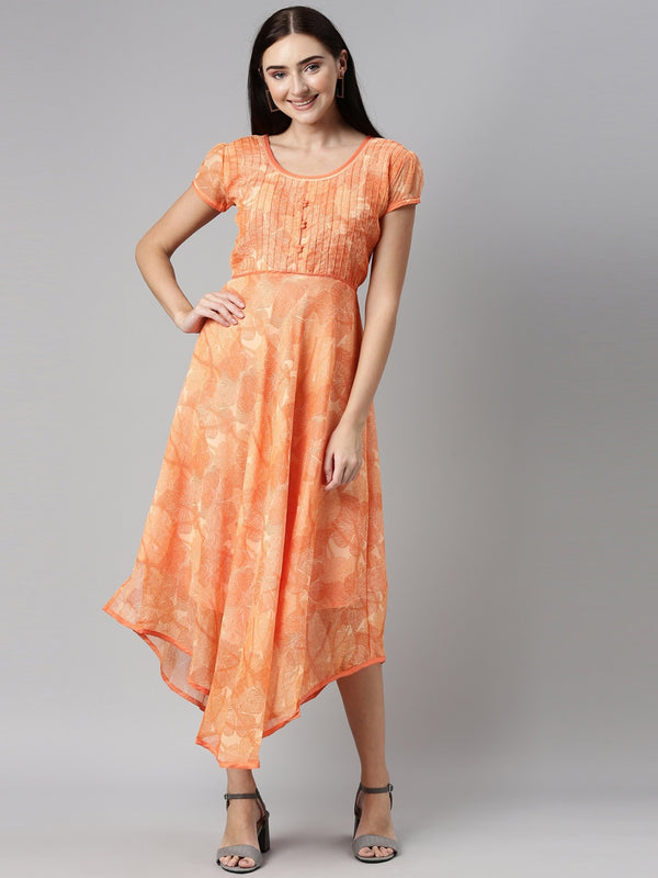 Souchii Orange Floral Chiffon Midi Dress - Distacart