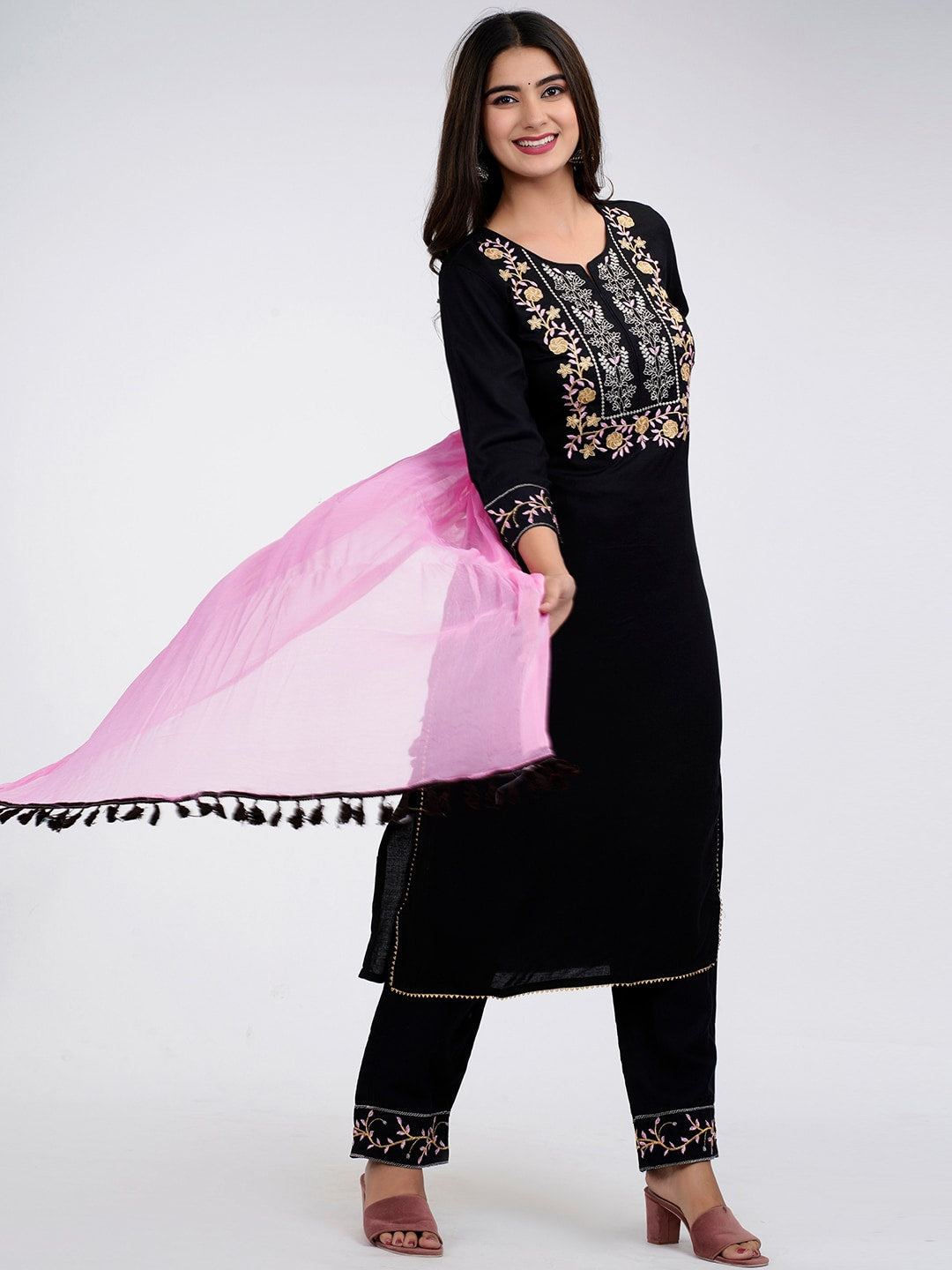 Kalini Floral Yoke Design Thread Work Kurta with Trousers & Dupatta - Distacart