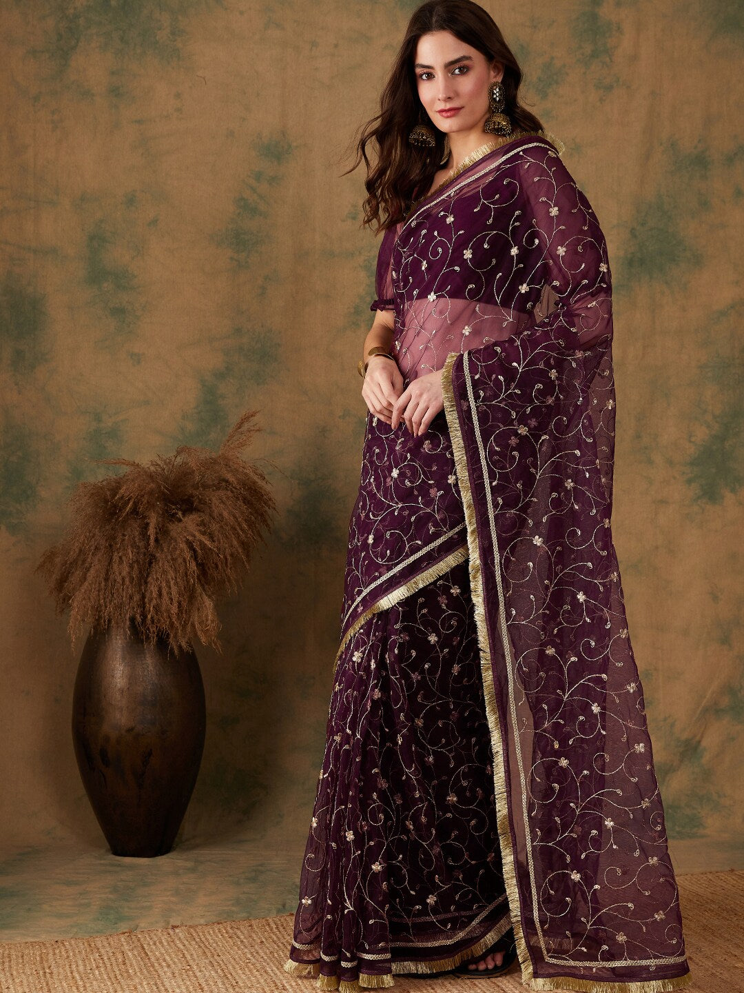 Sangria Floral Zari Jaal Embroidered Sarees - Distacart