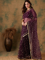 Thumbnail for Sangria Floral Zari Jaal Embroidered Sarees - Distacart