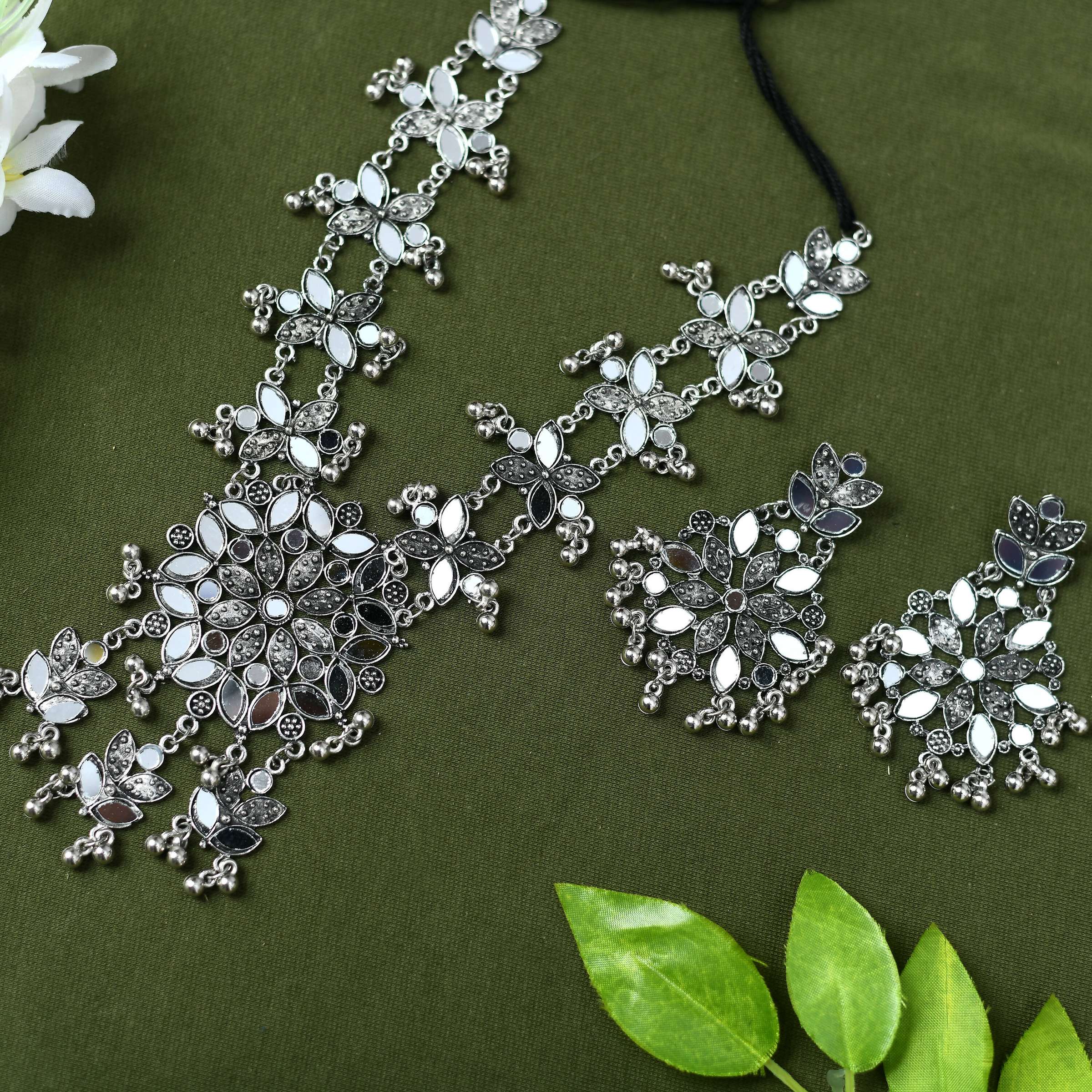 Mominos Fashion Johar Kamal Oxidised Silver-Plated Mirror Work Long Necklace Set - Distacart