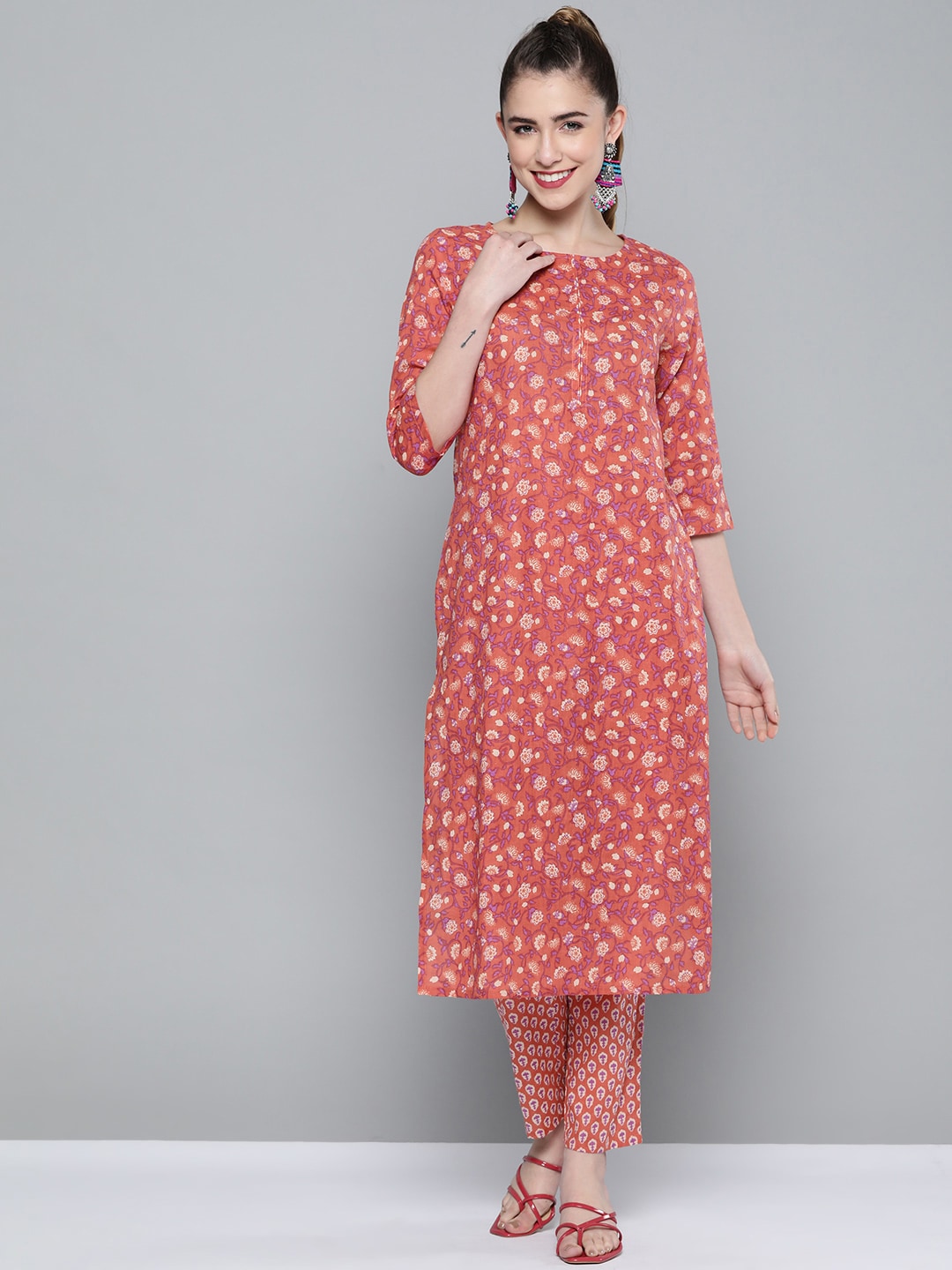 HERE&NOW Women Pink & White Floral Printed Kurta with Palazzos - Distacart