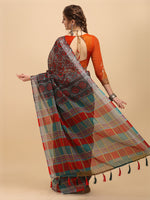 Thumbnail for Sangria Grey & Red Beads and Stones Pure Linen Saree - Distacart