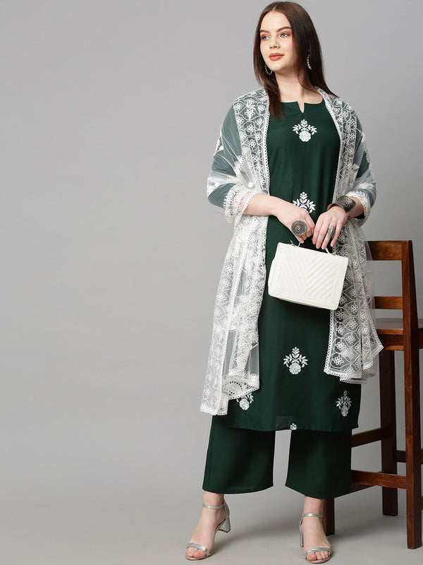 Kalini Women Green Ethnic Motifs Embroidered Thread Work Kurta with Palazzo & Dupatta - Distacart