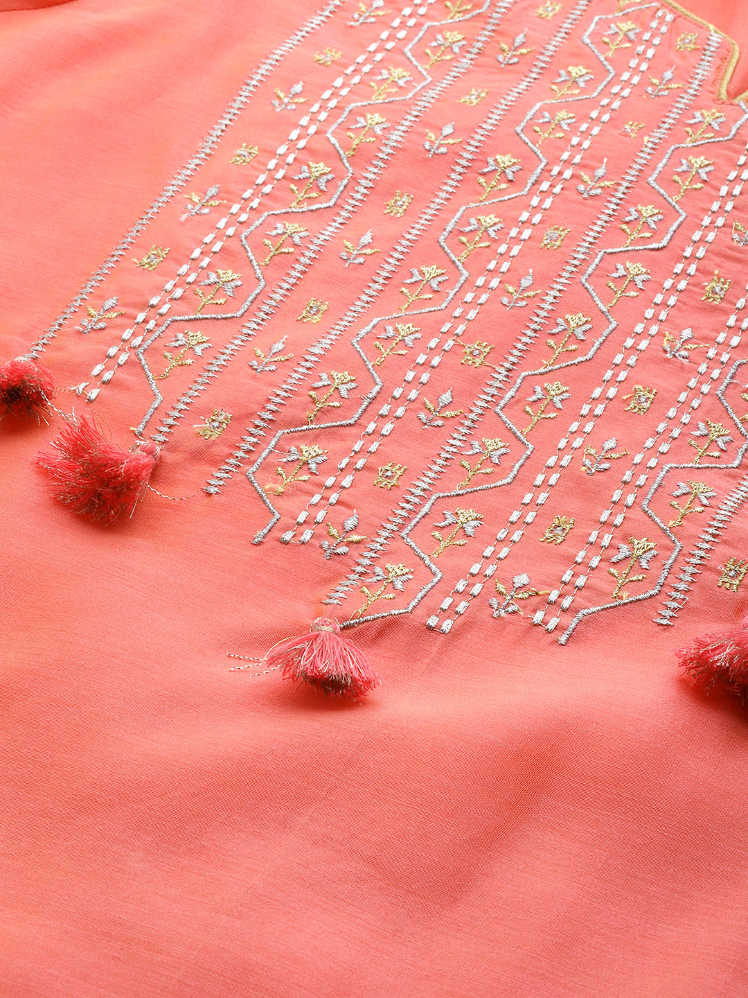 Biba Women Coral Pink & Golden Embroidered Yoke Straight Kurta - Distacart