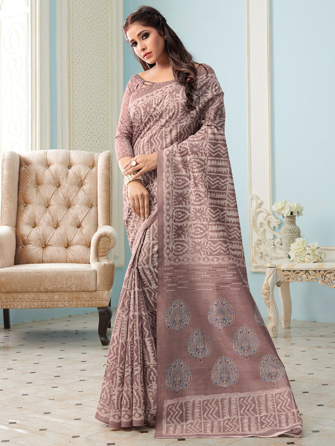 Mitera Women Brown & White Ethnic Motifs Printed Art Silk Bhagalpuri Saree - Distacart