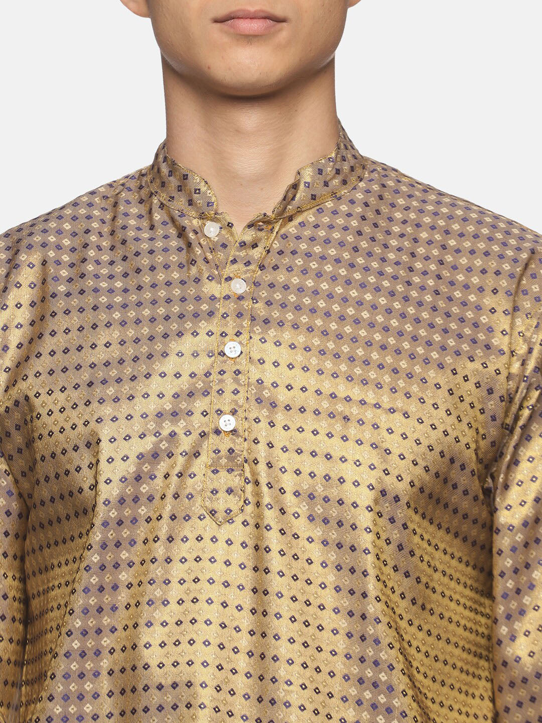 Sethukrishna Men Gold-Toned Bandhani Printed Art Silk Kurta with Dhoti Pants - Distacart