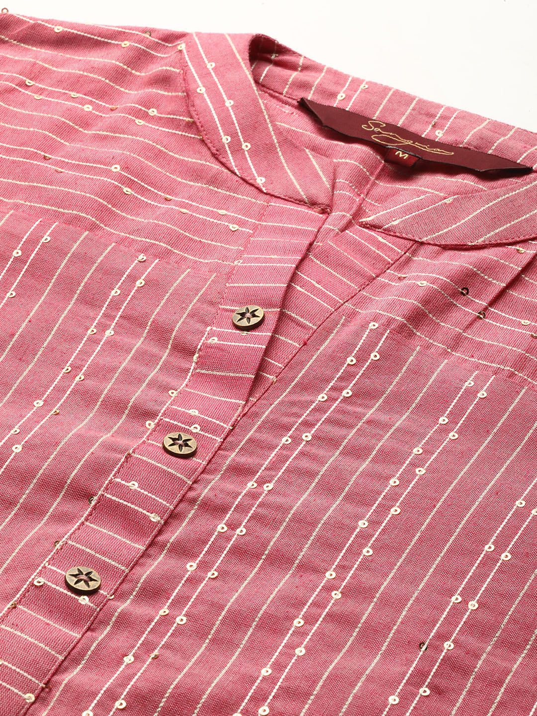 Sangria Women Peach-Coloured & White Striped Mandarin Collar Kurta - Distacart