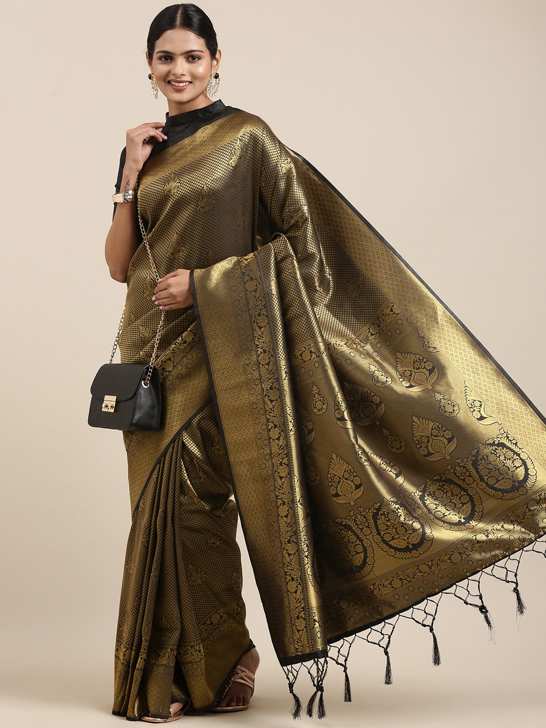 Saree Mall Black & Gold-Toned Ethnic Motifs Zari Silk Blend Banarasi Saree - Distacart