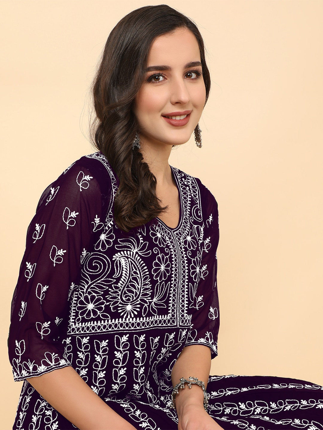 HERE&NOW Women Chikankari Embroidered Thread Work Georgette Anarkali Kurta - Distacart