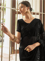 Thumbnail for Mitera Black Ethnic Motifs Beads And Stones Embellished Saree - Distacart