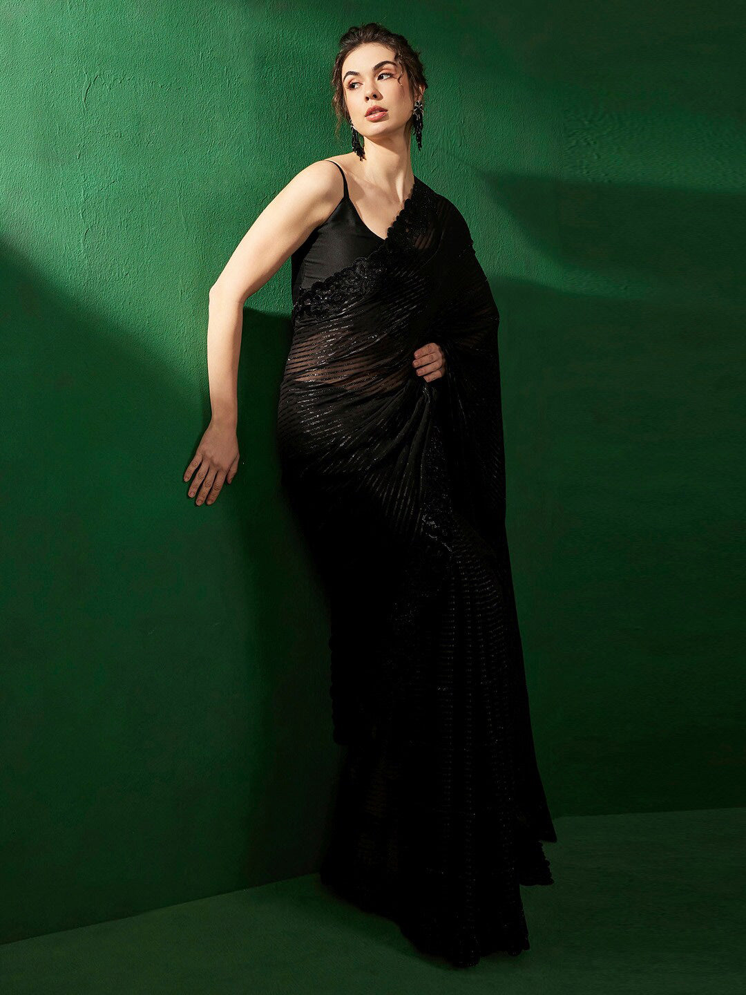 Sangria Striped Embellished Beads and Stones Pure Chiffon Sarees - Distacart